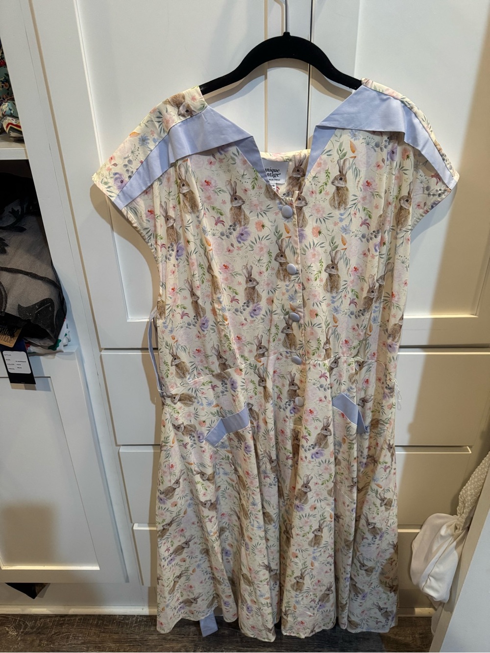 Unique Vintage Cream Floral Bunny Print Dress with Lavender Accents